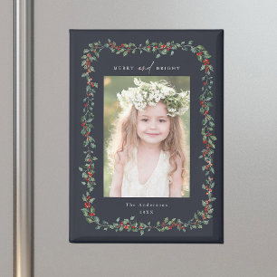 Holly Berry Frame Merry & Bright Photo Navy Magnet