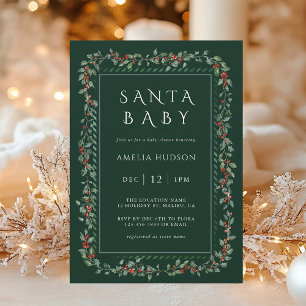 Holly Berry Frame Santa Baby Shower Forest Green Invitation