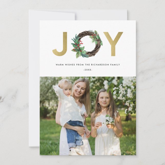 HOLLY BERRY GOLD GREEN JOY WREATH CHRISTMAS PHOTO HOLIDAY CARD (Front)