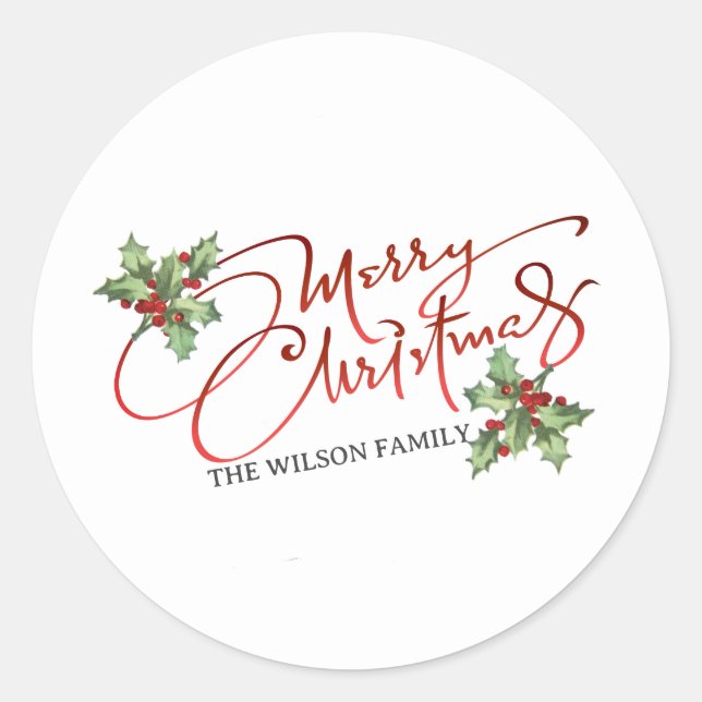 Holly Berry Gradient Red Script Merry Christmas  Classic Round Sticker (Front)