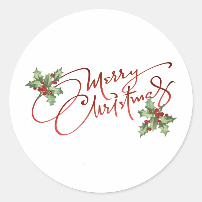 Holly Berry Gradient Red Script Merry Christmas Classic Round Sticker (Front)