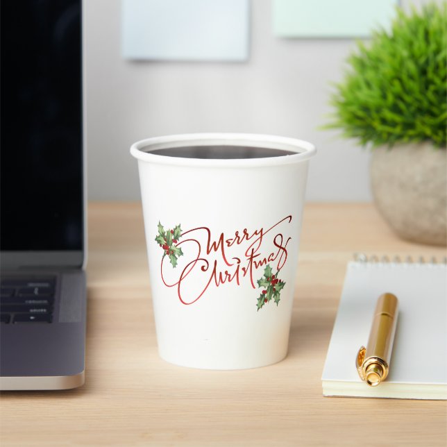 Holly Berry Gradient Red Script Merry Christmas Paper Cups (Insitu)
