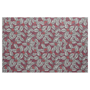 Holly berry, gray leaves on dark red fabric