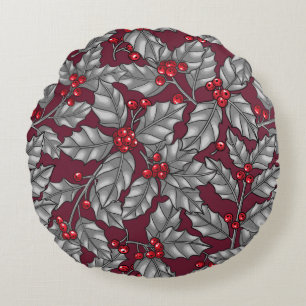Holly berry, gray leaves on dark red round cushion