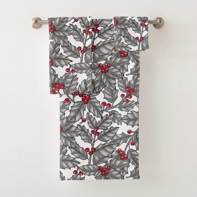 Holly berry, gray leaves on white bath towel set (Insitu)