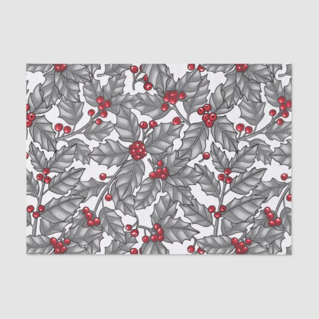Holly berry, gray leaves on white tissue paper (Front)
