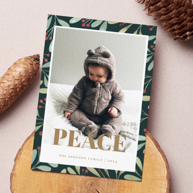 Holly Berry Green Gold Peace Christmas Photo Card (Creator Uploaded)