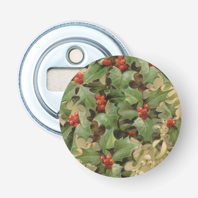 Holly Berry Greenery Christmas Holiday Vintage Bottle Opener (Front)