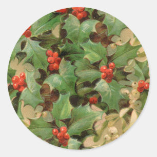 Holly Berry Greenery Christmas Holiday Vintage Classic Round Sticker