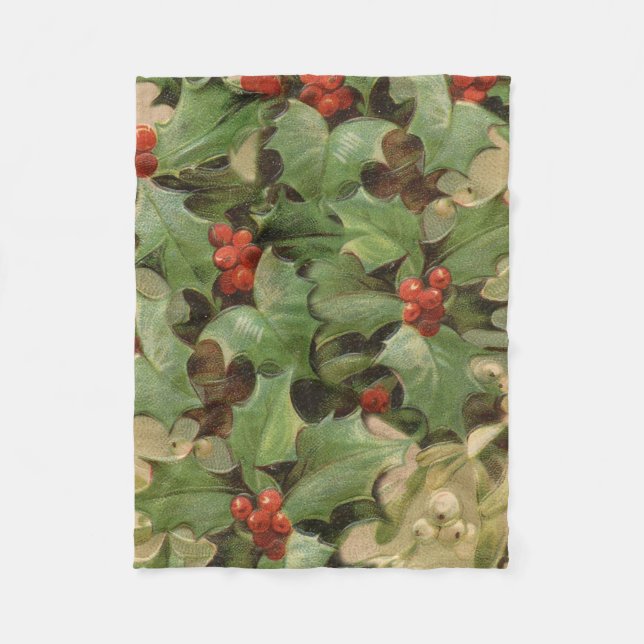 Holly Berry Greenery Christmas Holiday Vintage Fleece Blanket (Front)