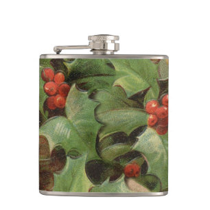 Holly Berry Greenery Christmas Holiday Vintage Hip Flask