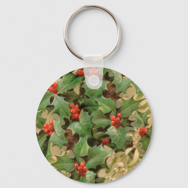 Holly Berry Greenery Christmas Holiday Vintage Key Ring (Front)