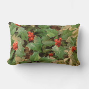 Holly Berry Greenery Christmas Holiday Vintage Lumbar Cushion