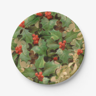 Holly Berry Greenery Christmas Holiday Vintage Paper Plate