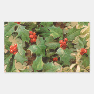 Holly Berry Greenery Christmas Holiday Vintage Rectangular Sticker