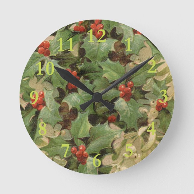 Holly Berry Greenery Christmas Holiday Vintage Round Clock (Front)
