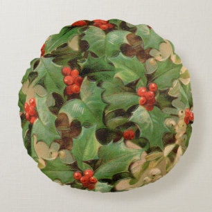 Holly Berry Greenery Christmas Holiday Vintage Round Cushion