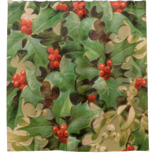 Holly Berry Greenery Christmas Holiday Vintage Shower Curtain