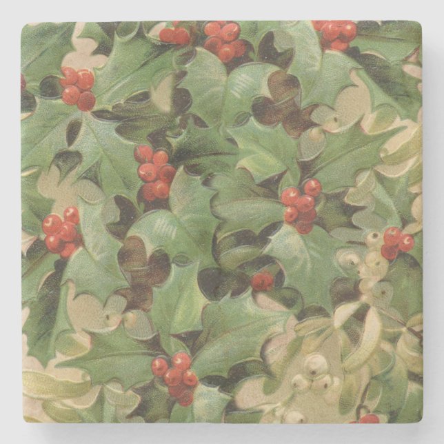 Holly Berry Greenery Christmas Holiday Vintage Stone Coaster (Front)