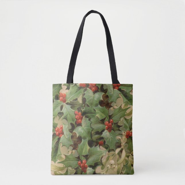 Holly Berry Greenery Christmas Holiday Vintage Tote Bag (Front)