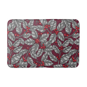 Holly berry, grey leaves on dark red bath mat