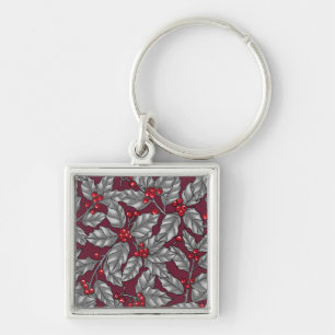 Holly berry, grey leaves on dark red key ring