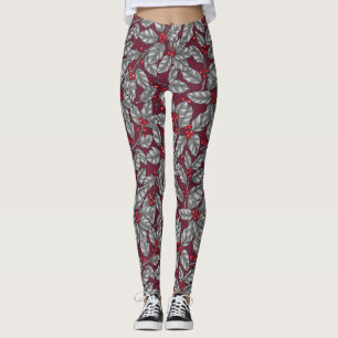 Holly berry, grey leaves on dark red leggings