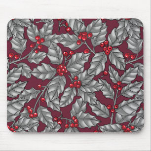 Holly berry, grey leaves on dark red mouse pad