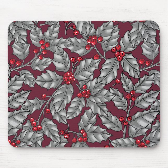 Holly berry, grey leaves on dark red mouse pad (Front)