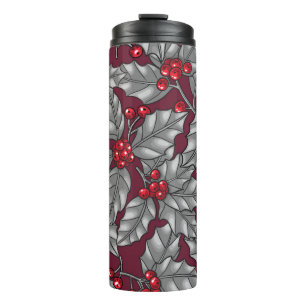 Holly berry, grey leaves on dark red thermal tumbler