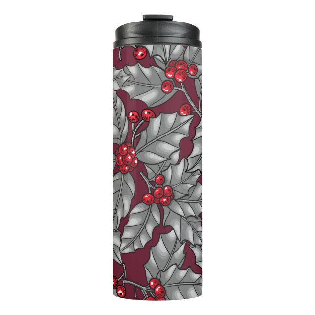Holly berry, grey leaves on dark red thermal tumbler (Front)
