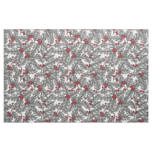 Holly berry, grey leaves on white fabric
