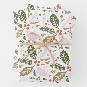 Holly Berry Hand Drawn Colorful Holiday Pattern Wrapping Paper Sheet