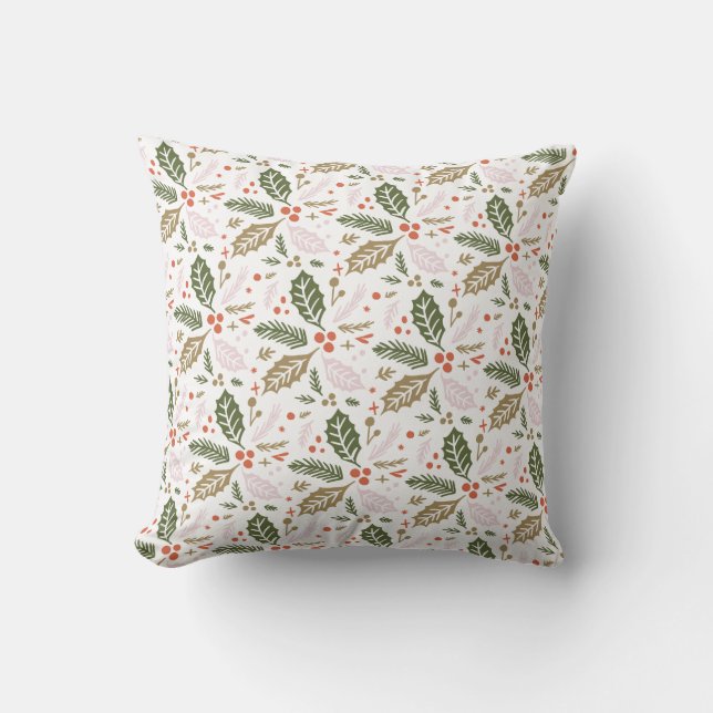 Holly Berry Hand Drawn Colourful Holiday Pattern Cushion (Front)