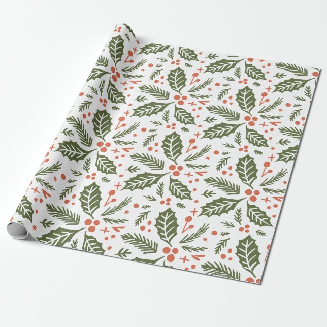 Holly Berry Hand Drawn Illustration Pattern Green Wrapping Paper (Unrolled)