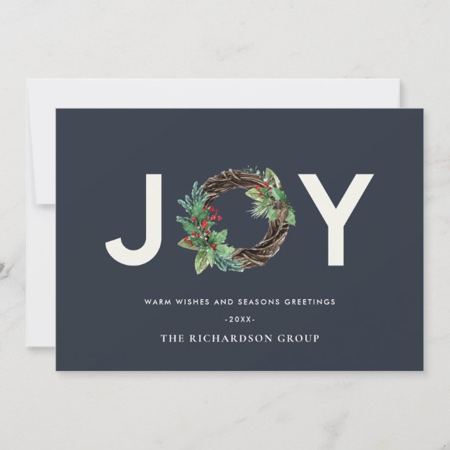 HOLLY BERRY JOY SILVER WREATH CHRISTMAS CORPORATE HOLIDAY CARD (Front)