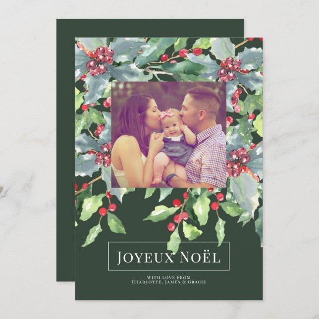 Holly Berry Joyeux Noël Elegant Christmas Card (Front/Back)