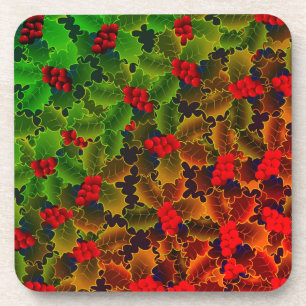 Holly berry leaves glowing look winter red green  coaster