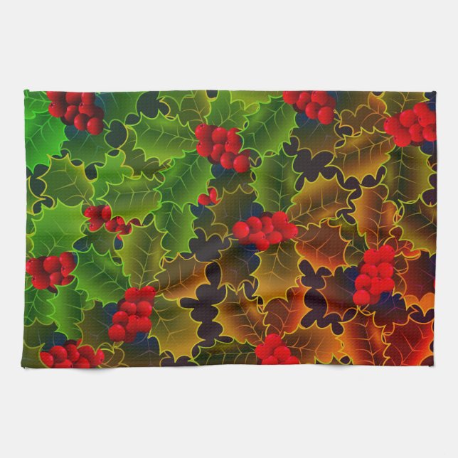 Holly berry leaves glowing winter hearth red green tea towel (Horizontal)