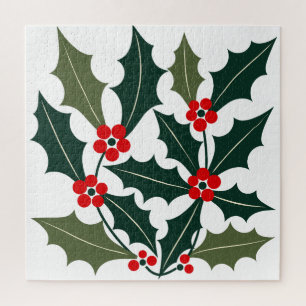 Holly Berry Leaves Mid Century Modern Style Jigsaw Puzzle