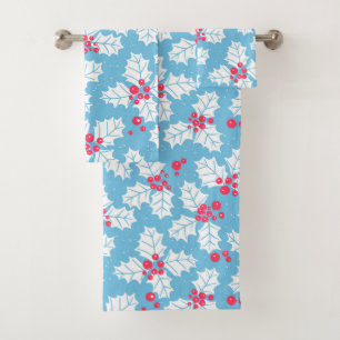 Holly berry on blue bath towel set