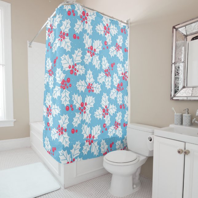 Holly berry on blue shower curtain (In Situ)