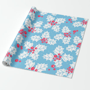 Holly berry on blue wrapping paper