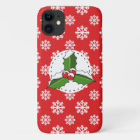 Holly Berry on Red White Snowflakes Pattern