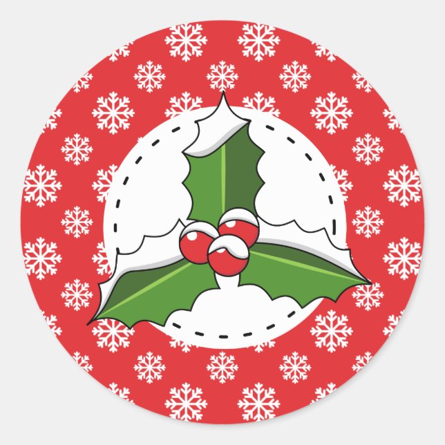 Holly Berry on Red White Snowflakes Pattern Classic Round Sticker (Front)