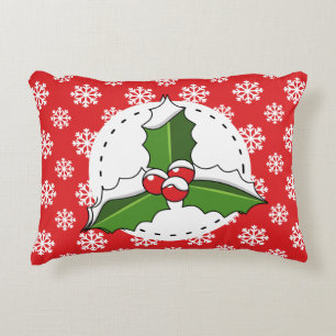 Holly Berry on Red White Snowflakes Pattern Decorative Cushion