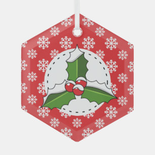 Holly Berry on Red White Snowflakes Pattern Glass Tree Decoration