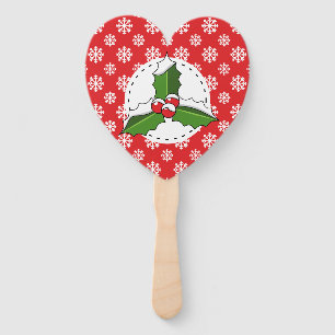 Holly Berry on Red White Snowflakes Pattern Hand Fan