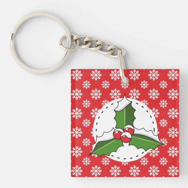 Holly Berry on Red White Snowflakes Pattern Key Ring (Front)