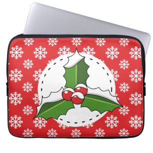 Holly Berry on Red White Snowflakes Pattern Laptop Sleeve